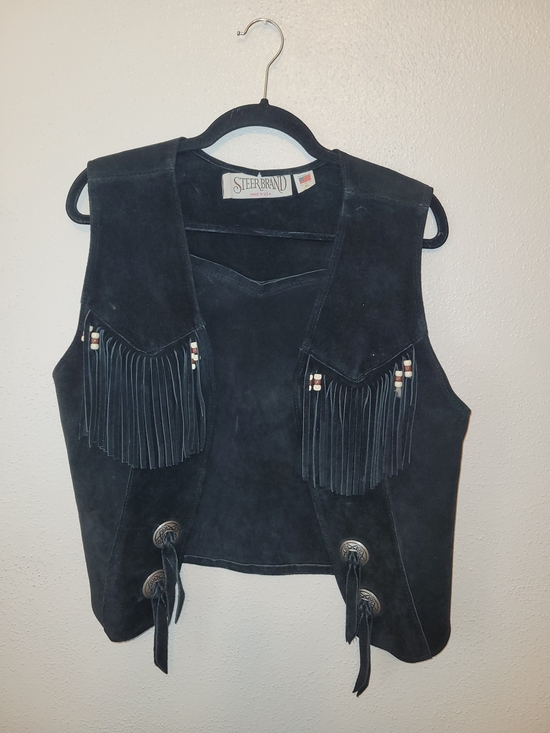 Steer Brand Jackets & Blazers - Vintage Steer Brand Black Suede Leather Fringe Western Vest USA XL